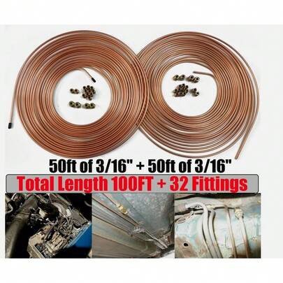 2 Pcs Iron Copper Brake Line Tubing Kit 3/16"OD OF 50Ft Coil Roll + 32 Pcs Fittings (Total Length 100FT)