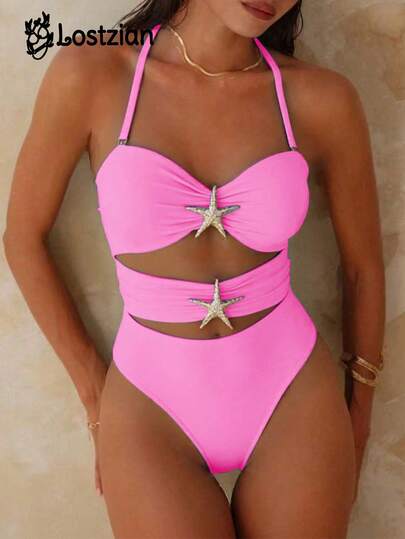 Conjunto de bikini elegante rosa para vacaciones de verano en la playa, con detalles de acento de estrella de mar, diseño de espalda descubierta de cintura alta con recortes, tela de nailon y spandex de unicolor cómoda con copas acolchadas y forro, decoración de estrella de mar a la moda, traje de baño de una pieza rosa para atuendo de vacaciones en la playa para mujeres