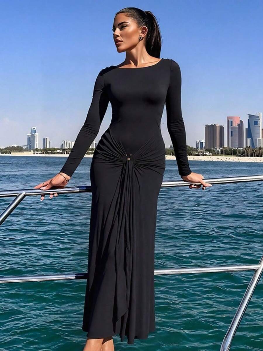 Fashionable Slim Fit And Slimming Lady Style Banquet Party Street Women's Clothing Solid Color Temperament Elegant Long Sleeved Decorative Buckle Strap Dress For Women - 黑色 - 查看 1