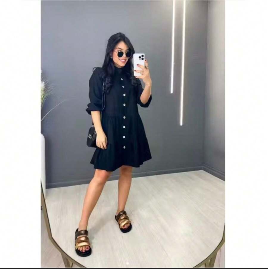 Women's Striped Midi Dress With Shirt Collar And Bishop Sleeves, Casual, With Buttons, Asymmetrical Hem, Summer And Beach. - 純黑色 - 查看 1