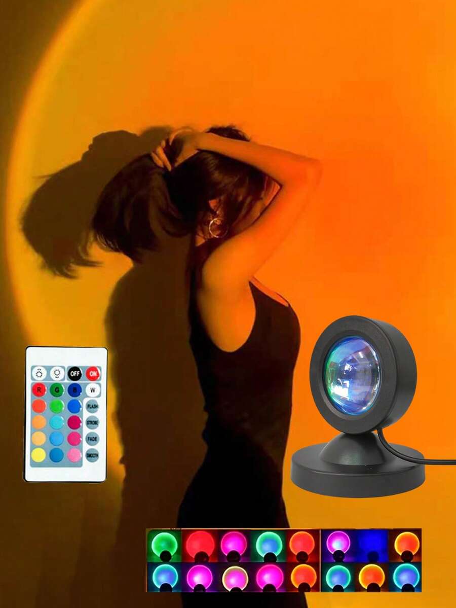 1pc RGB Sunset Lamp With Remote Control, USB Powered, Atmosphere Light, INS Photography, Decorative Lamp, Sunset Lamp For Bedroom, Bedside Projector Desk Lamp, Sunset Dusk Light, Suitable For: Room Decor, Bedroom Decor, Holiday Gifts, Lighting, Projector
