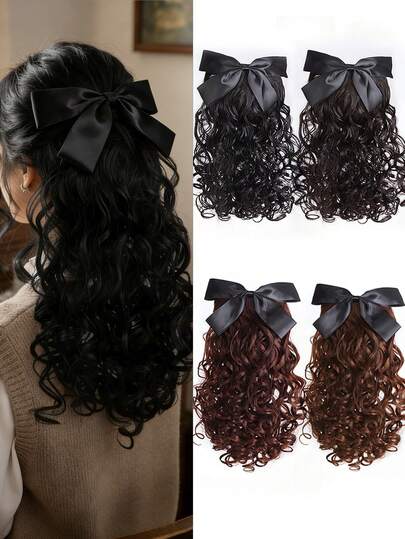 Synthetic Fiber Retro Black Bow Curly Ponytail Wig With Comb, Wavy Ponytail, Fluffy Wavy Ponytail Hair Bun, Natural And Realistic, Suitable For Women's Daily Wear And Parties