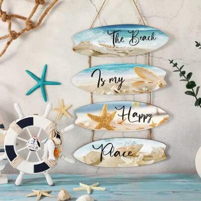 4pcs Beach Bathroom Wall Decor, Wooden Hanging Ocean Beach Home Decor, Starfish Beach Wall Art "Beach Is My Happy Place" Sign, Nautical Wooden Beach Plaque Suitable For Bathroom/Water Spa Decoration