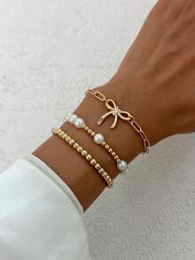 3pcs/Set Geometric Chain Bow Pendant Charm Beaded Bracelet Set, Luxurious & Elegant, Suitable For Wedding, Party, Vacation, Casual Wear, Street Style, Women & Couples, Birthday & Holiday Gift - Bracelet - View 2
