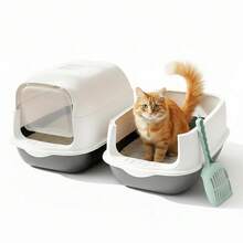 1pc Large Fully Enclosed Cat Litter Box With Removable High Rim And Foldable Cover, Anti-Slip Cat Litter Tray, Christmas Gift - Szary - View 3
