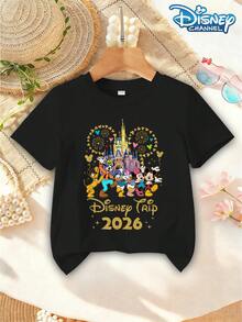 Girls' Short Sleeved Shirt Disney Castle Mickey, Minnie, Donald Duck Flying High Cartoon Print Disney Trip 2026 Text Pattern Casual Cute Style For Spring, Summer, Autumn, Theme Park Travel, Photography For Both Boys And Girls Children's Shirt - 黑色 - 查看 2