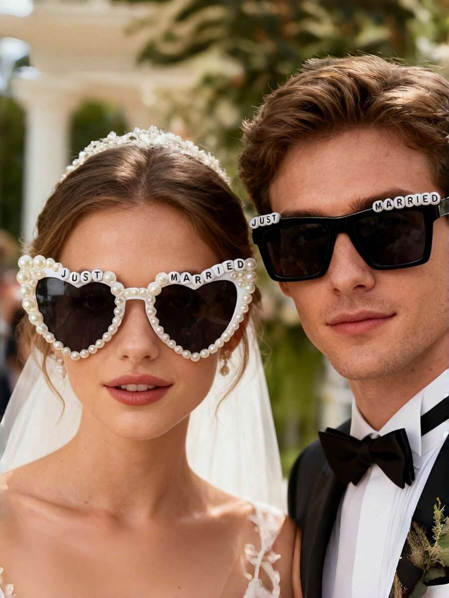 2pcs Heart-Shaped Classic Bride & Groom Glass Cup Set, Elegant Pearl Design, Suitable For Black & White Wedding Party, Bridal Gift, Couple Photo Props, Romantic Event Essential - Multicolor - View 1