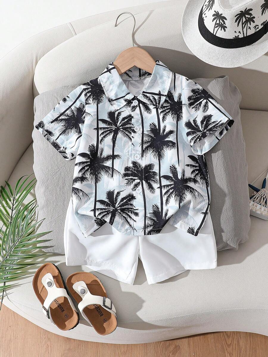Bộ áo sơ mi và quần short in hình cây cọ nhiệt đới cho bé trai, thích hợp cho mùa hè. - Nhiều màu - Xem 1