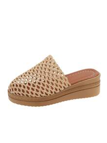 1 Pair Children's Platform Closed-Toe Summer Fashion Minimalist Beach Sandals, Thick Wedge Sole Girls Slippers - Brown - View 7