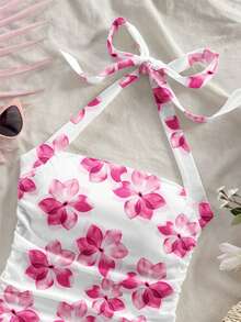 Áo hai dây buộc cổ kiểu yếm dành cho nữ, họa tiết hoa, lưng xoắn, viền bèo nhún. - Màu Hồng Tươi - Xem 3