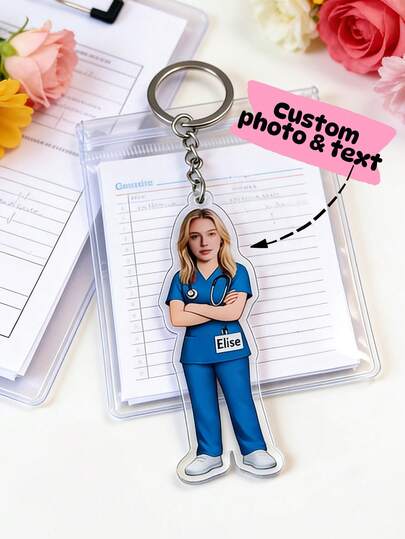 1 pieza Llavero de acrílico personalizado con foto de enfermera de dibujos animados, llavero con diseño de uniforme de enfermera personalizado con nombre, regalo ideal para graduación de enfermera/médico/profesional médico, joyería de enfermera, llavero con tema médico de acrílico, regalos personalizados