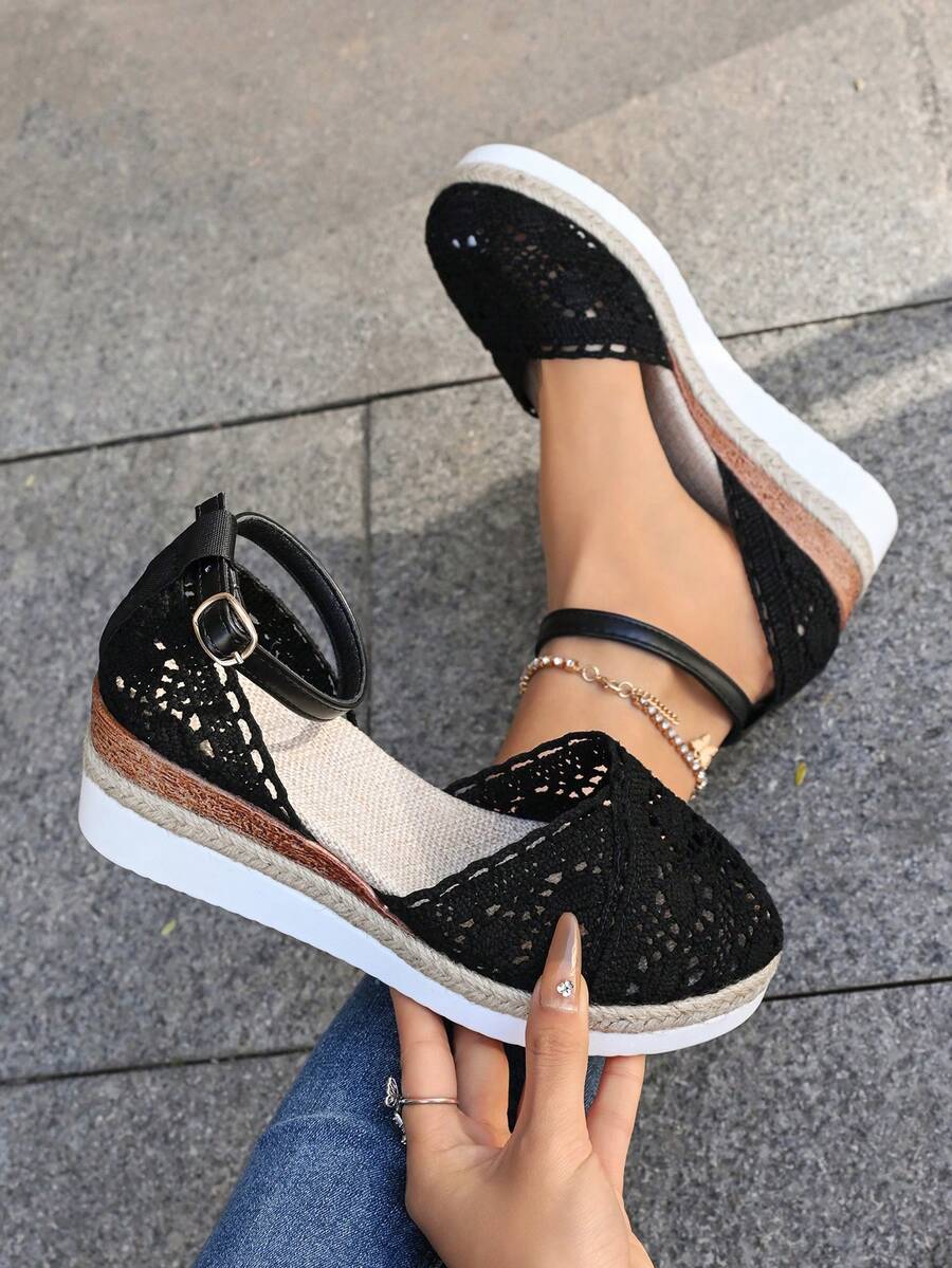 Summer New Linen Wedge Sandals For Women, Platform Thick Bottom Hollow Woven Roman Sandals With Adjustable Straps - màu đen - Xem 1