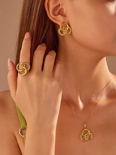 4 piezas Conjunto de joyería de lujo de triple aro de acero inoxidable para mujer, incrustado con diamante de imitación blancos, adecuado para que las mujeres lo usen o regalen