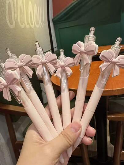 6支装蝴蝶结圆珠笔，可爱粉色蝴蝶装饰按压式圆珠笔，派对礼品