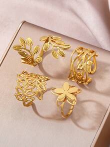 4pcs Set Stainless Steel Minimalist Gold-Tone Leaf, Flower, Geometric Open Rings, 18K Gold Plated, Suitable For Women's Daily Wear Or Gift - Yellow Gold - View 1