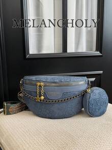 两件套压花腰包和胸包，中国风大容量女士包袋 - 藍色 - 查看 4