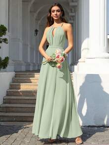 Volly Toych 鼠尾草绿优雅A字褶皱雪纺正式伴娘礼服、婚礼宾客礼服、度假礼服 - 青瓷色 - 查看 6