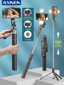 AXNEN 170厘米自拍杆旅行三脚架，平衡稳定，360°旋转拍摄自拍杆三脚架，带无线遥控快门、可拆卸手机支架，多功能可伸缩手机三脚架，兼容所有手机，适用于手机自拍、视频录制、Vlog、直播等。 - 彩色 - 查看 2