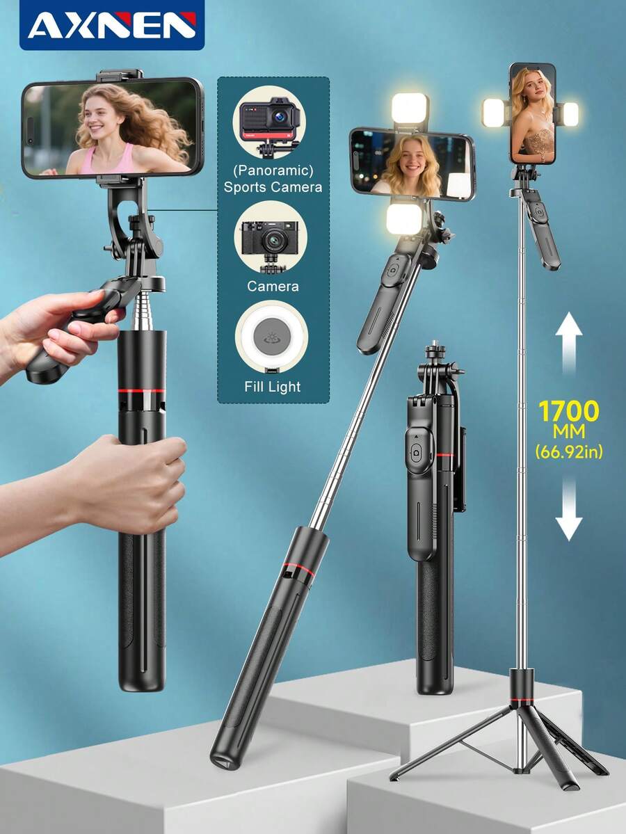 AXNEN 170厘米自拍杆旅行三脚架，平衡稳定，360°旋转拍摄自拍杆三脚架，带无线遥控快门、可拆卸手机支架，多功能可伸缩手机三脚架，兼容所有手机，适用于手机自拍、视频录制、Vlog、直播等。