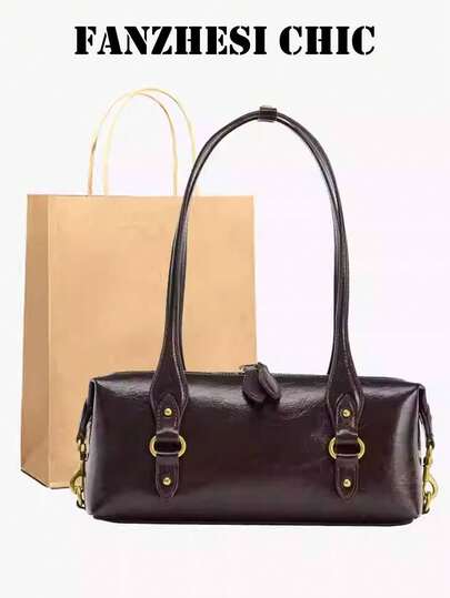 New Fashion Women's Bag, Western European Stylish Versatile Cracked Effect Metal Boston Bag Style With Decorative Details, Single Shoulder Bag Made Of High-Quality Plain PU Material With Hardware Zipper, Top Double Handles Design, Can Be Carried On The Shoulder Or By Hand, Interior Can Hold Lipstick, Keys, Cosmetics And Other Daily Essentials, Suitable For Girls For Commuting, Going Out, Shopping, Dating, Business Trips, Travel, And Daily Use