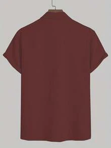 Camisa de manga corta con patrón geométrico burdeos casual para hombres, combinada con pantalones blancos, conjunto práctico de primavera/verano para múltiples ocasiones - Rojo - Ver 8