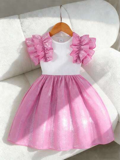 Girls Pink Mesh Dress, Cute Sweet Ruffled Shoulder Sleeveless Dress With Waist Belt, Knit Mesh Patchwork Dress, Summer