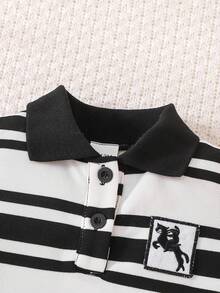 Summer Baby Fashionable Striped Black & White Polo Collar Embroidered Romper - Black - View 7