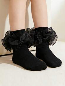 1 par de calcetines de media caña con volantes de unicolor para niños/niños pequeños, versátiles para el uniforme escolar - Negro - Ver 3