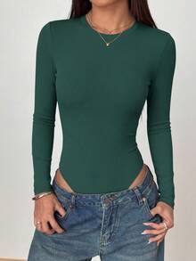 Women Spring Bodysuits For Long Sleeve Shirts Fitted Basic Ribbed Layering Bodys Tops Fall Fashion Winter Clothes Dark Green Vacation Rompers Outfits For Women - Dark Green - View 5