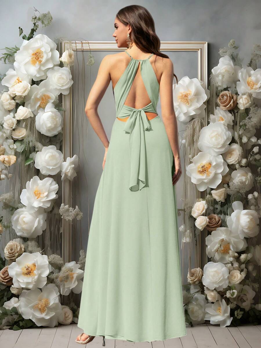 Volly Toych 鼠尾草绿优雅A字褶皱雪纺正式伴娘礼服、婚礼宾客礼服、度假礼服 - 青瓷色 - 查看 1