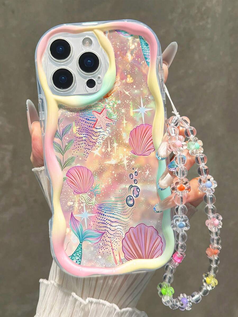 贝壳和海星印花奶油色波浪边手链式手机壳，防震加厚，兼容 17/17 Pro/17 Pro Max、16 XR/7/8、15 Pro Max、13/14 Pro Max、13/14/11/12 Pro Max、14，以及安卓手机，例如Galaxy A13 4G、A22、A21S、A51 4G、A52、S22 Ultra、A33 5G、A34、A35、10、Note 11 4G、11 Lite、A53、A14、A23、S23 Ultra、S24、A14、A15、S23、A73、A55、A54。 - 彩色 - 查看 1