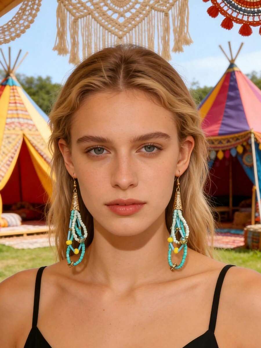 2件套时尚米珠水滴层叠波西米亚长耳环 - 彩色 - 查看 1