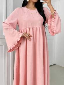 Women's Daisy Embroidered Loose Fit Round Neck Long Sleeve Dress - Pink - View 5