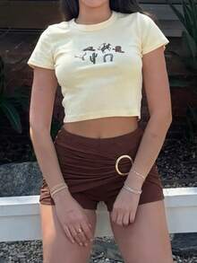 Women's Spring/Summer Retro Sexy Ruched Metal Buckle High Waist Shorts, Slim Fit Casual Everyday Versatile Hotpants - Coffee Brown - View 3
