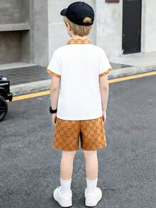 Set de 2 piese, stil preppy, pentru băieți preadolescenti, tricou polo caramel cu blocuri de culoare + pantaloni scurți cu imprimeu floral integral, ținută luxoasă pentru școală, ieșiri în oraș, vacanță, set confortabil, asortat - Kaki - Vizualizare 3