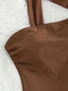 Women's Solid Color Single Shoulder One-Piece One-Piece Swimsuit With Metal Accessories - Brown - View 5