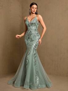 Elegant V-Neck Spaghetti Strap Sequin Mesh Mermaid Green Bridesmaid Dress, Shiny Party Dress, Suitable For Weddings, Birthdays, Formal Events Spring - Mint Green - View 4