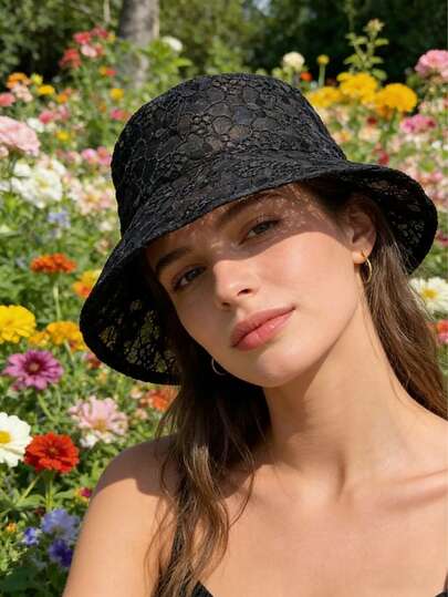 1顶女士夏季蕾丝泡泡花可折叠防晒渔夫帽，白色，时尚百搭，精致透气镂空渔夫帽