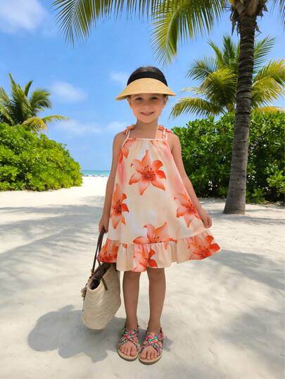 Girls Summer Floral Print Spaghetti Strap Dress, Loose Comfortable Breathable Tie Shoulder Design With Ruffle Hem, Fresh Princess Style Versatile Casual Holiday Dress