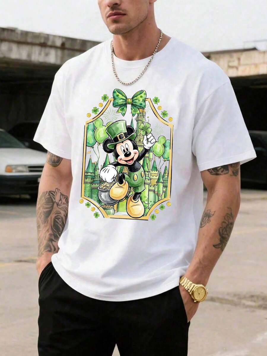 Men's Disney Casual T-Shirt, St. Patrick's Day Mickey Mouse Print, Green Lucky Design, Comfortable Soft Fabric, Perfect For Holiday Celebrations - 白色 - 查看 1