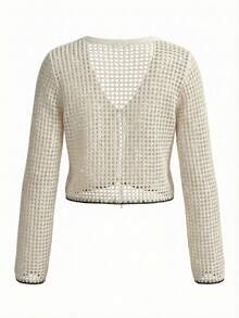 Women's Basic Semi-Sheer Short Knit Cover Up, Long Sleeve Tie-Front Casual Hollow Out Sweater - Apricot - View 2