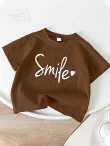 Kaos Lengan Pendek Kasual Leher Bulat dengan Cetakan Huruf Senyum untuk Remaja Perempuan, Lembut dan Nyaman, Cocok untuk Musim Semi/Panas - Coklat - View 2