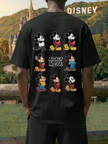 Men's White/Black Crew Neck Short-Sleeved T-Shirt Paired With Drawstring Shorts, Featuring Disney Mickey Mouse Lettering And Mickey Mouse Graphic Print. This Breathable And Comfortable Summer Casual Set Makes A Great Gift For Men. - Black + Black - View 2