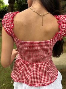 Women Y2k Fairy Grunge Shirts Puff Sleeve Button-Up Ruffle Hem Babydoll Tops Coquette Aesthetic Tee Shirt - Red - View 2