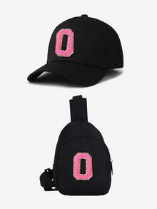 2pcs Kids Black & Pink Letter Baseball Cap Set, 26 Letters Customizable, Fashion Minimalist Sun Hat, Compact & Portable, Suitable For Boys & Girls Outdoor, Spring/Summer - Black - View 13