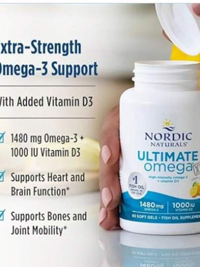N ordic Naturals | Suplemento Alimenticio Ultimate Omega Xtra | 1500 mg Omega‑3 Totales (EPA+DHA) + 1000 IU Vitamina D3 por Porción (2 Cápsulas) | 60 Cápsulas Blandas Sabor Limón | Non‑GMO | Sin Gluten | Sin Lácteos | Certificado Friend of the Sea | 1 Mes de Uso