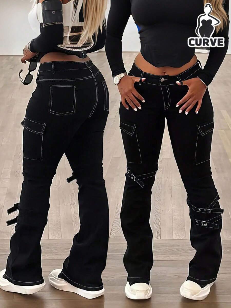 Plus-Size Women's High-Waist Jeans, Featuring Prominent Stitched Pockets And Metal Button Loops At The Hem, Cinching The Waist And Lifting The Hips; Plus-Size Women's High-Waist Cargo Pants; Street-Style Plus-Size Women's High-Waist Flare Pants. - màu đen - Xem 1