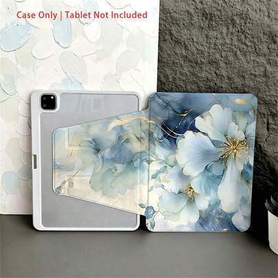 A Watercolor Blue Floral With Gold Accent Tablet Case - Shockproof Cover, Elegant Artistic Aesthetic Protective Tablet Case With Pen Holder Compatible With 10.9/10.2/ Air 5th Gen/Pro11/10th/9.7/Air 2/ (7th Gen)/ (8th Gen)/ Air 4/5/ Pro 11/ 10th Generation 10.9-Inch 2022 Smart Case/ Air 13(M3 2025)/ Air 11(M3 2025)/ Air 11(M3 2025)/ 11(A16 2025)/ Auto Sleep/Wake Function/Stylish Tablet Accessories