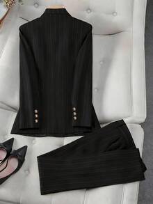 HOMEYEE Striped Suit Set, Double-Breasted Casual Business Suit Jacket And Trousers, Slim Fit Pants, Versatile Style Suitable For Various Occasions, Business And Vacation - 黑色 - 查看 2