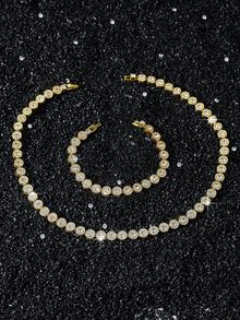 1pc Women's 8mm Wide Full Rhinestone Round Splice Necklace & Bracelet Set - Style a - View 1
